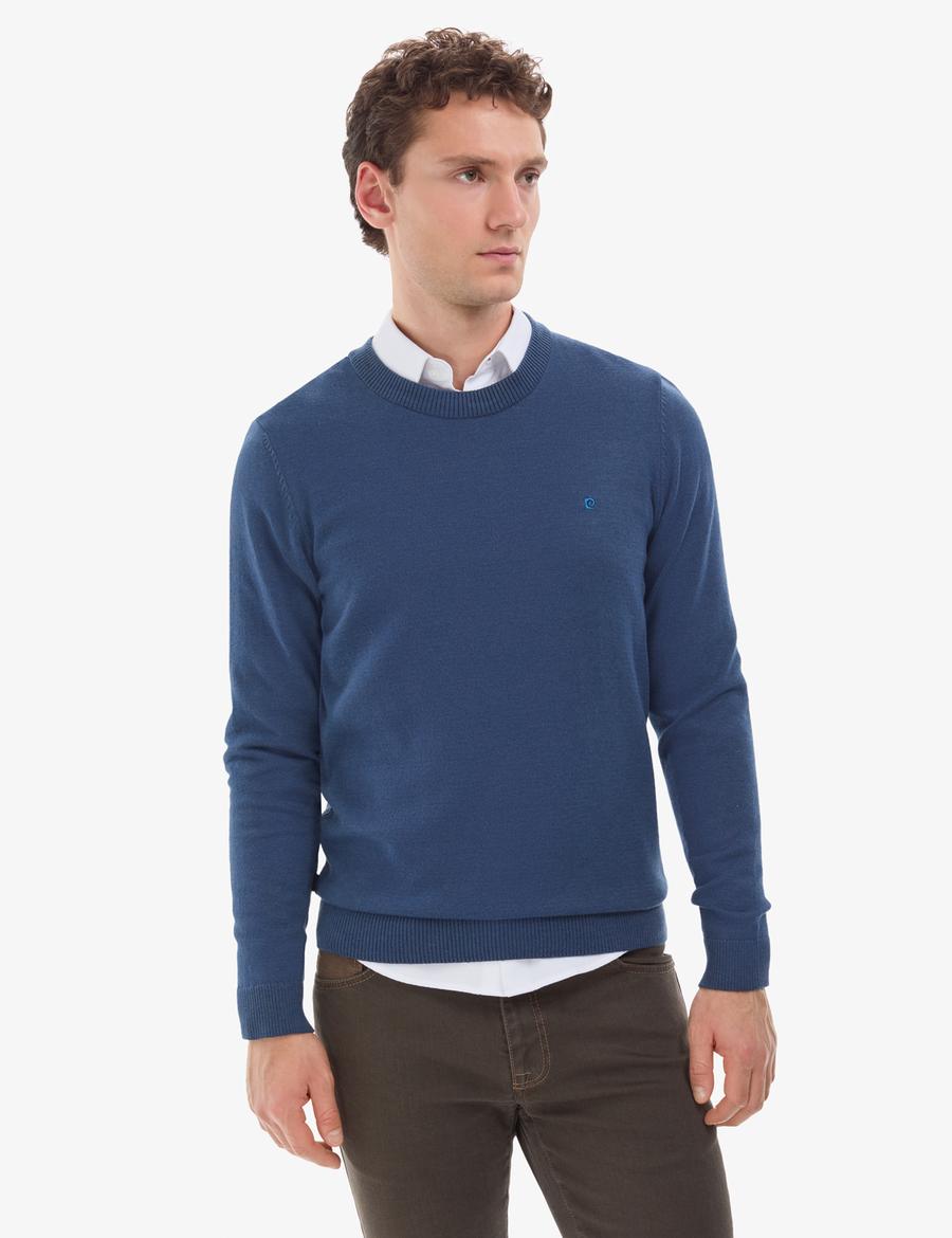 İndigo Melanj Slim Fit Bisiklet Yaka Basic Triko Kazak