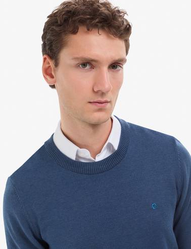 İndigo Melanj Slim Fit Bisiklet Yaka Basic Triko Kazak