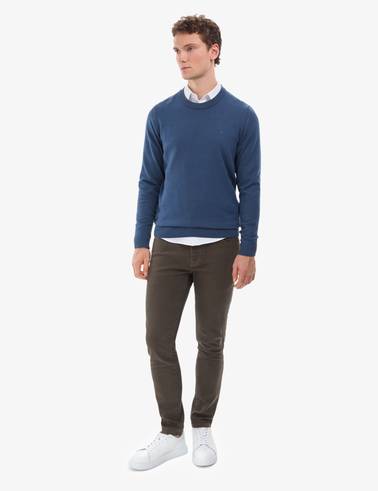 İndigo Melanj Slim Fit Bisiklet Yaka Basic Triko Kazak