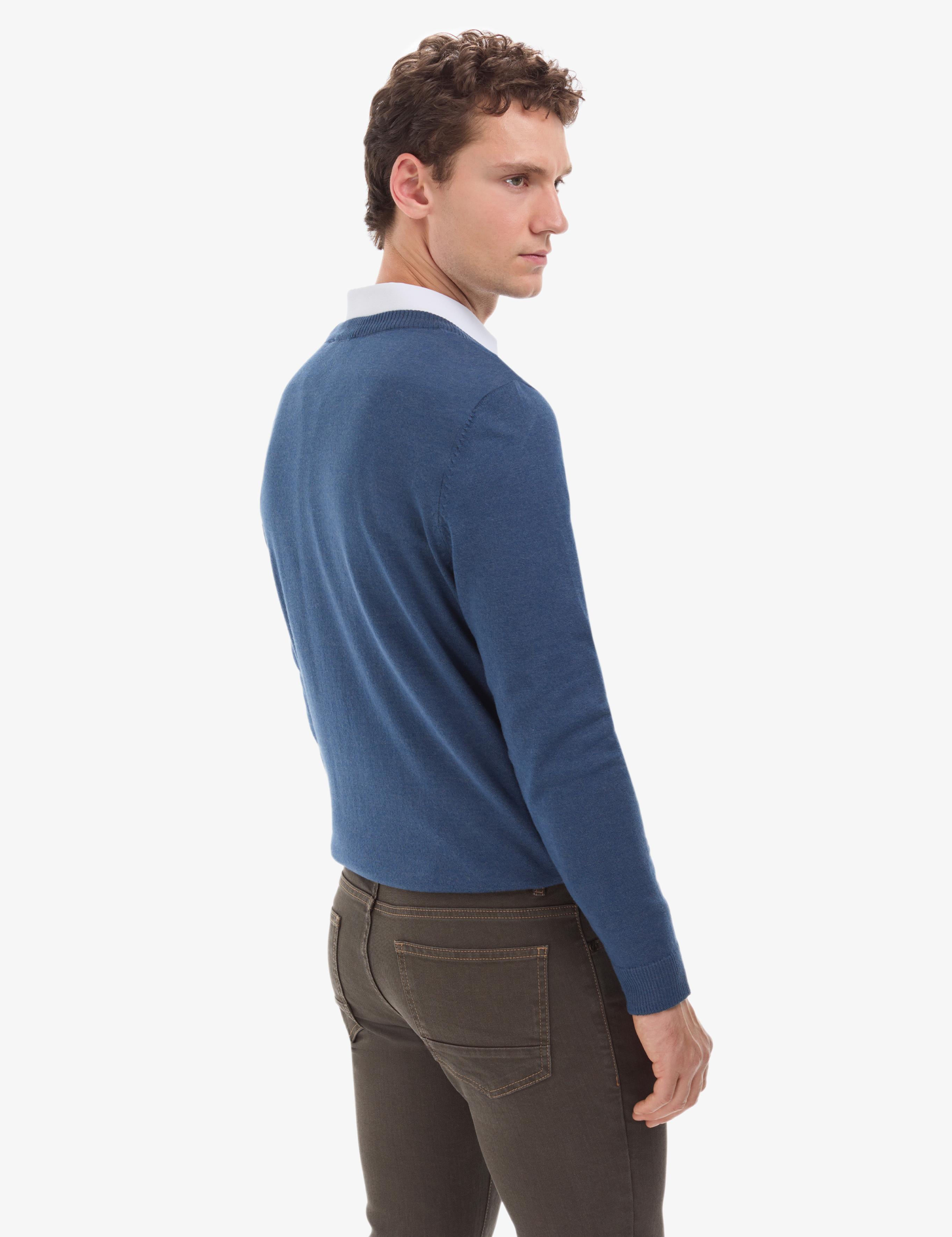 İndigo Melanj Slim Fit Bisiklet Yaka Basic Triko Kazak