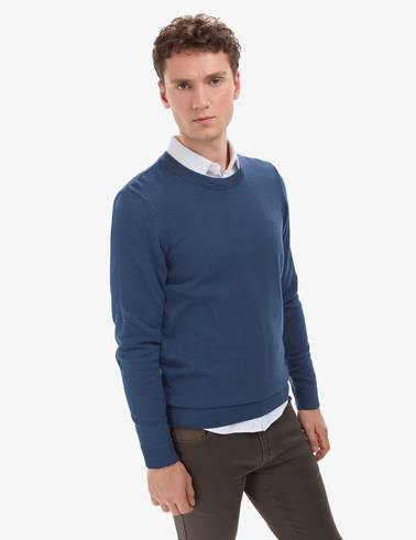 İndigo Melanj Slim Fit Bisiklet Yaka Basic Triko Kazak