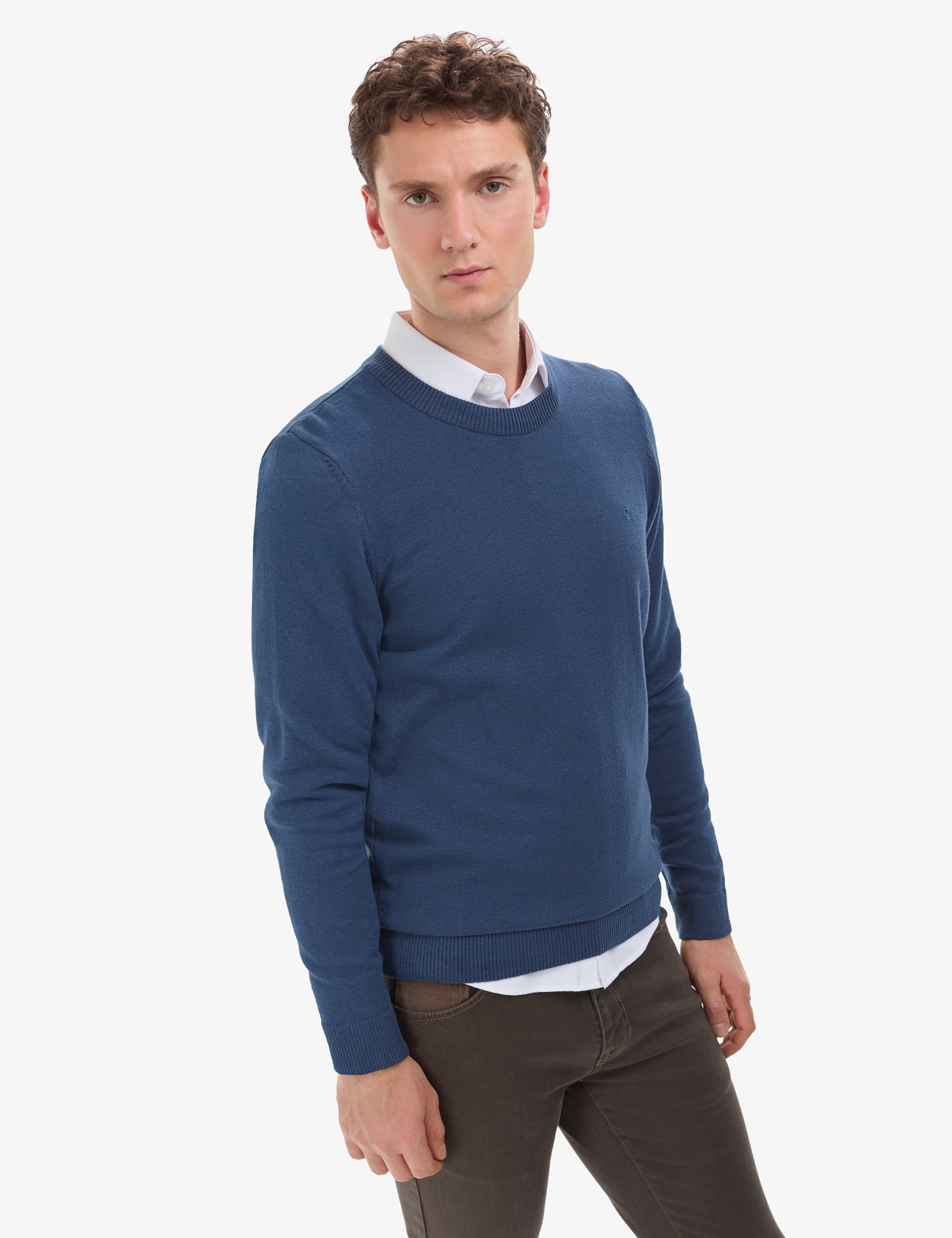 İndigo Melanj Slim Fit Bisiklet Yaka Basic Triko Kazak - Image 4