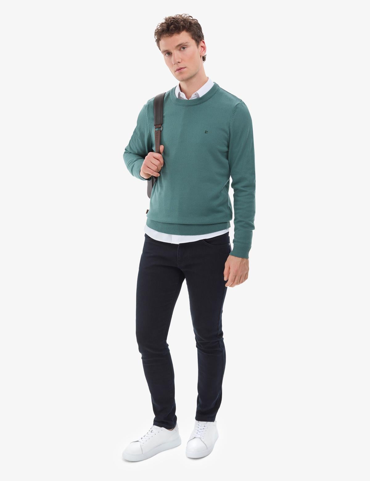 Yeşil Slim Fit Bisiklet Yaka Basic Triko Kazak - 50314192056