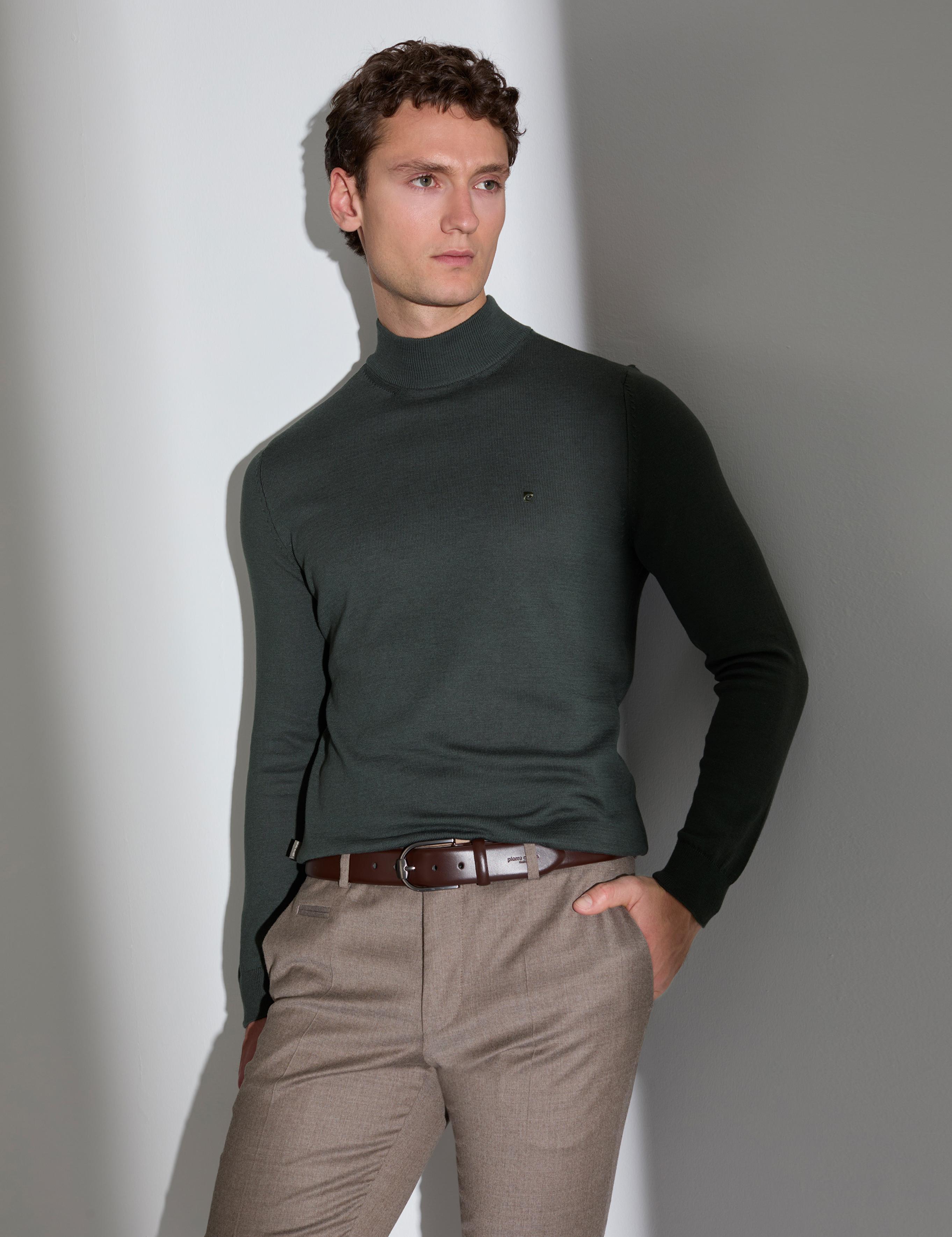 Koyu Haki Slim Fit Yarım Balıkçı Yaka Basic Triko Kazak