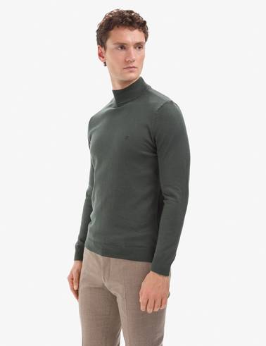 Koyu Haki Slim Fit Yarım Balıkçı Yaka Basic Triko Kazak