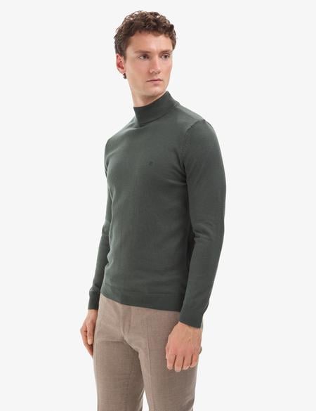 Koyu Haki Slim Fit Yarım Balıkçı Yaka Basic Triko Kazak - 50314176097