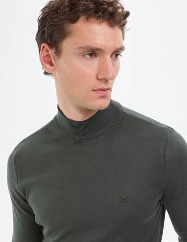 Koyu Haki Slim Fit Yarım Balıkçı Yaka Basic Triko Kazak