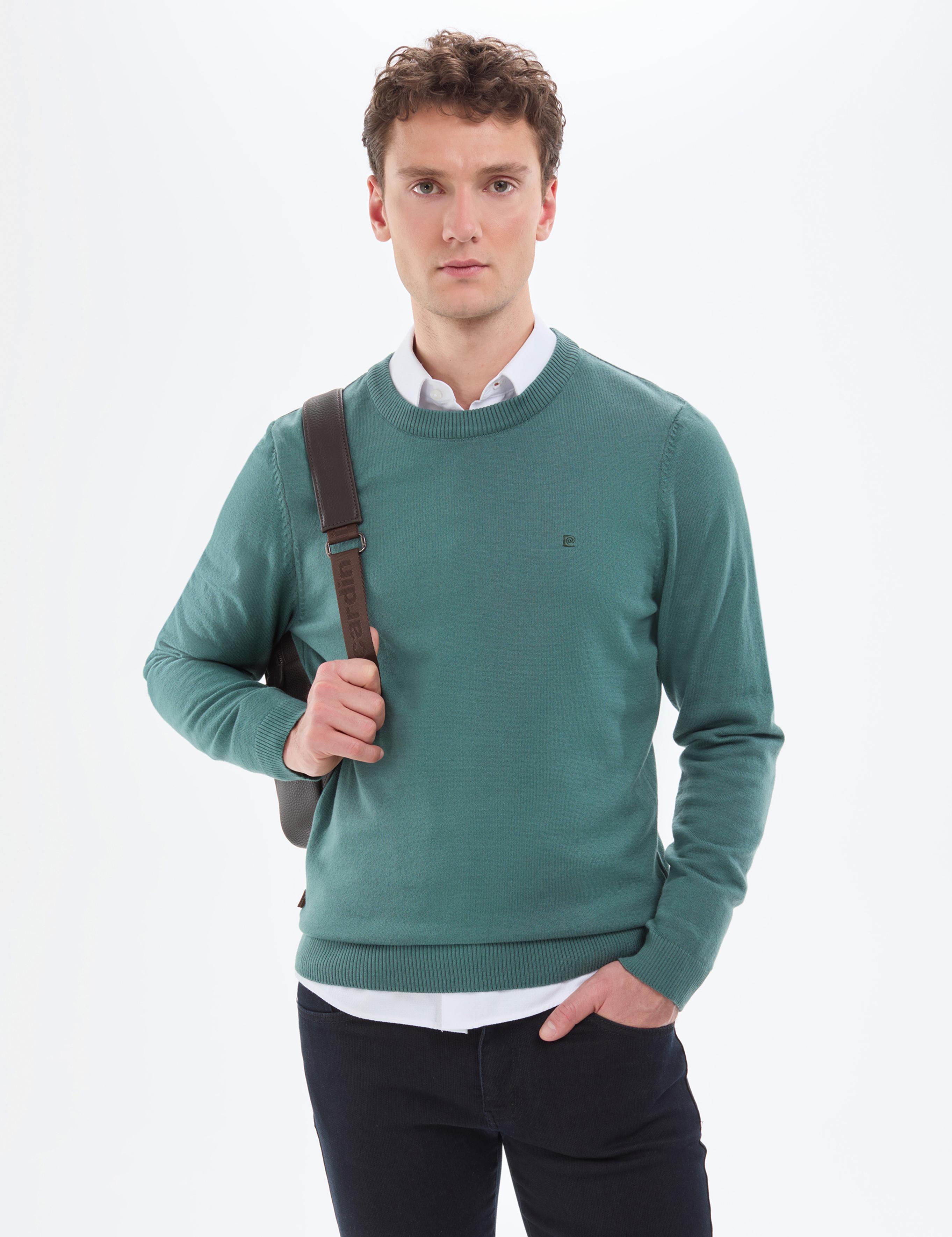 Yeşil Slim Fit Bisiklet Yaka Basic Triko Kazak