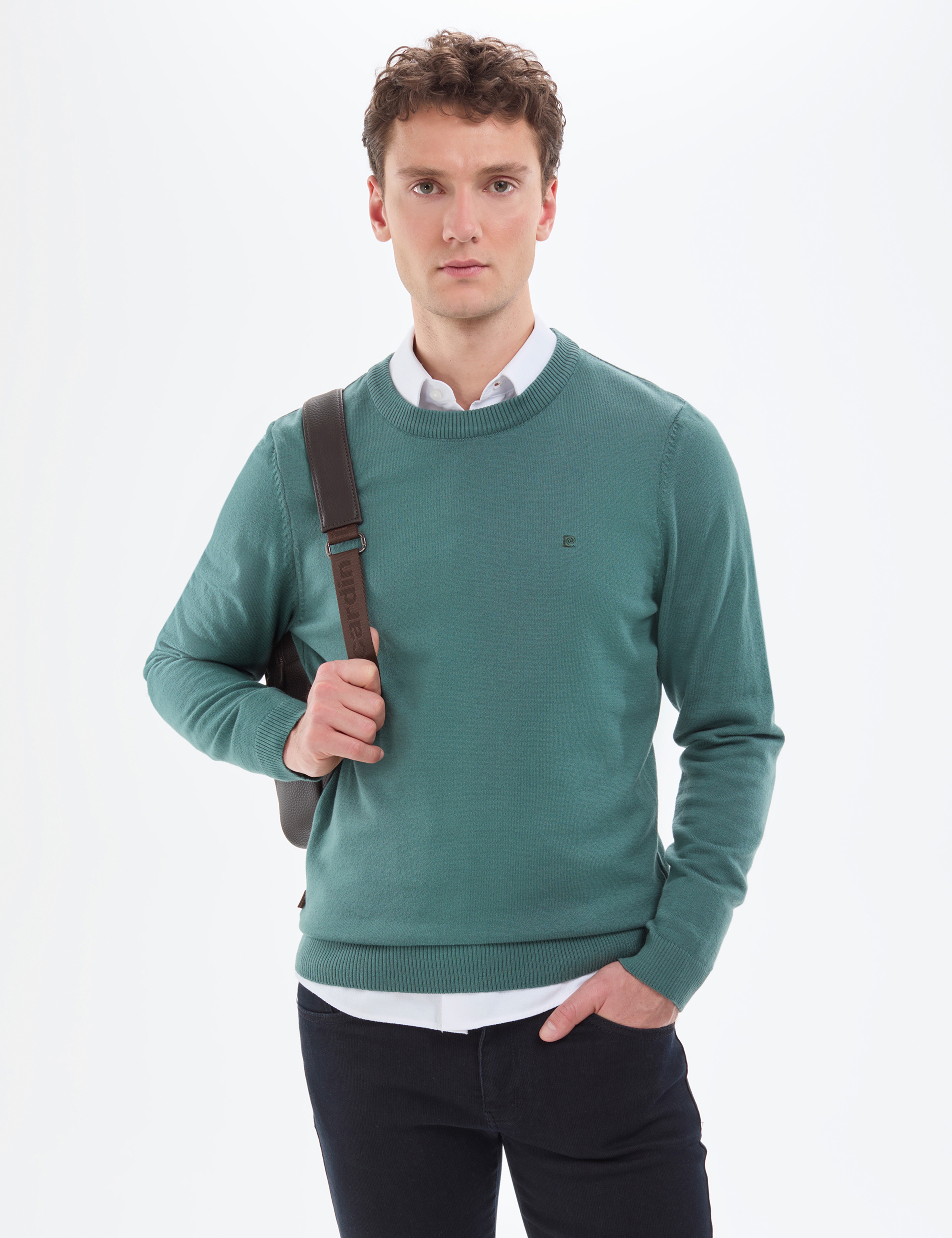 Yeşil Slim Fit Bisiklet Yaka Basic Triko Kazak