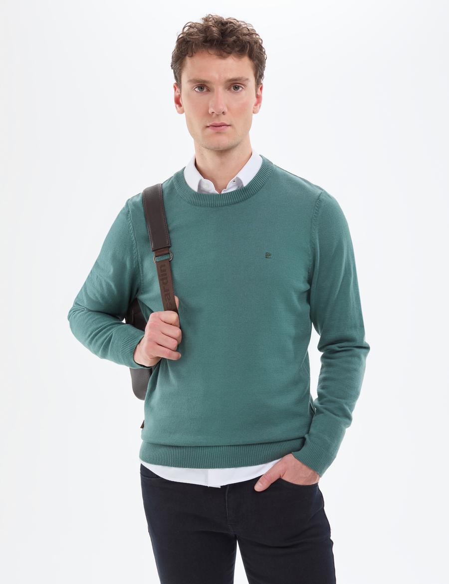 Yeşil Slim Fit Bisiklet Yaka Basic Triko Kazak