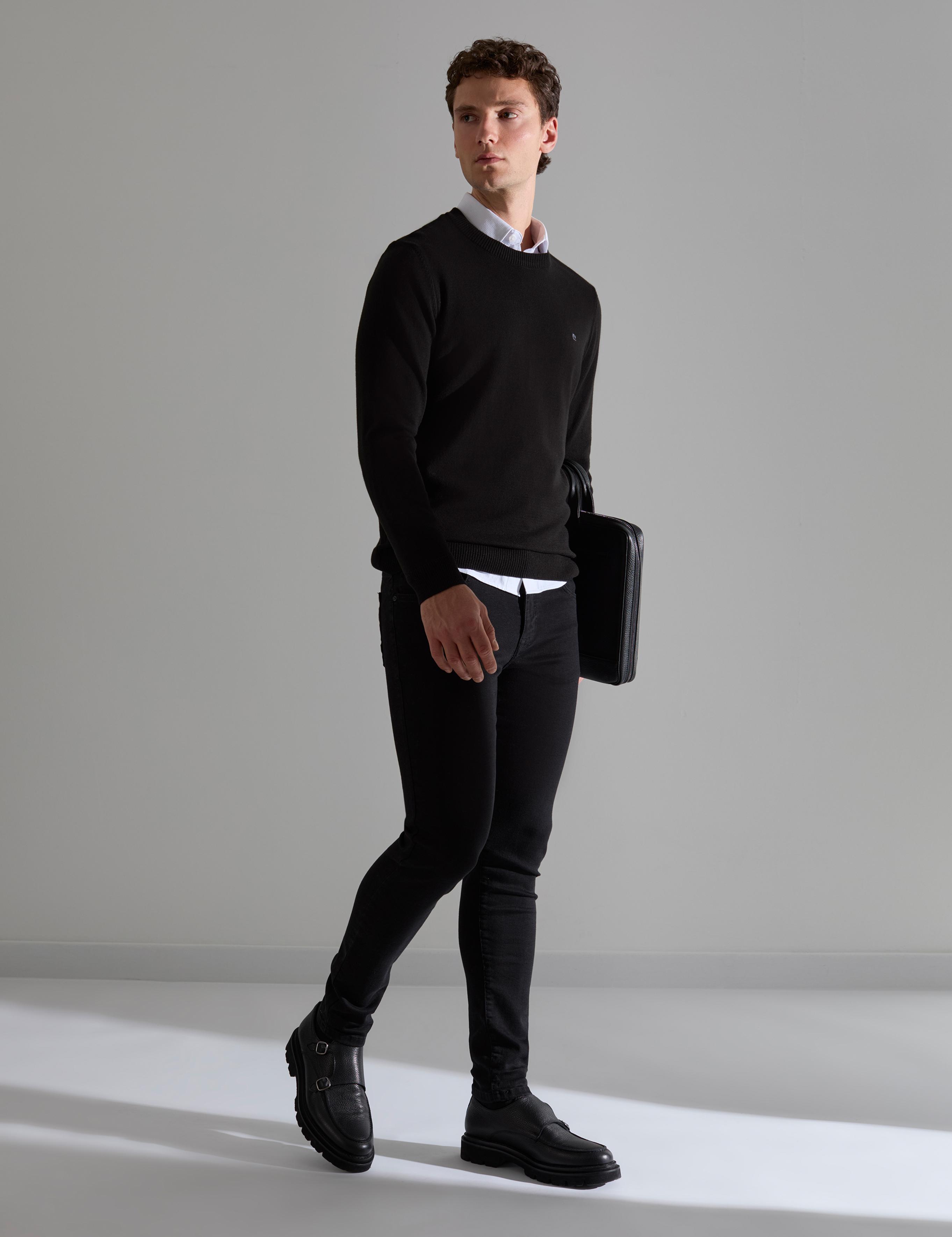 Siyah Slim Fit Bisiklet Yaka Basic Triko Kazak