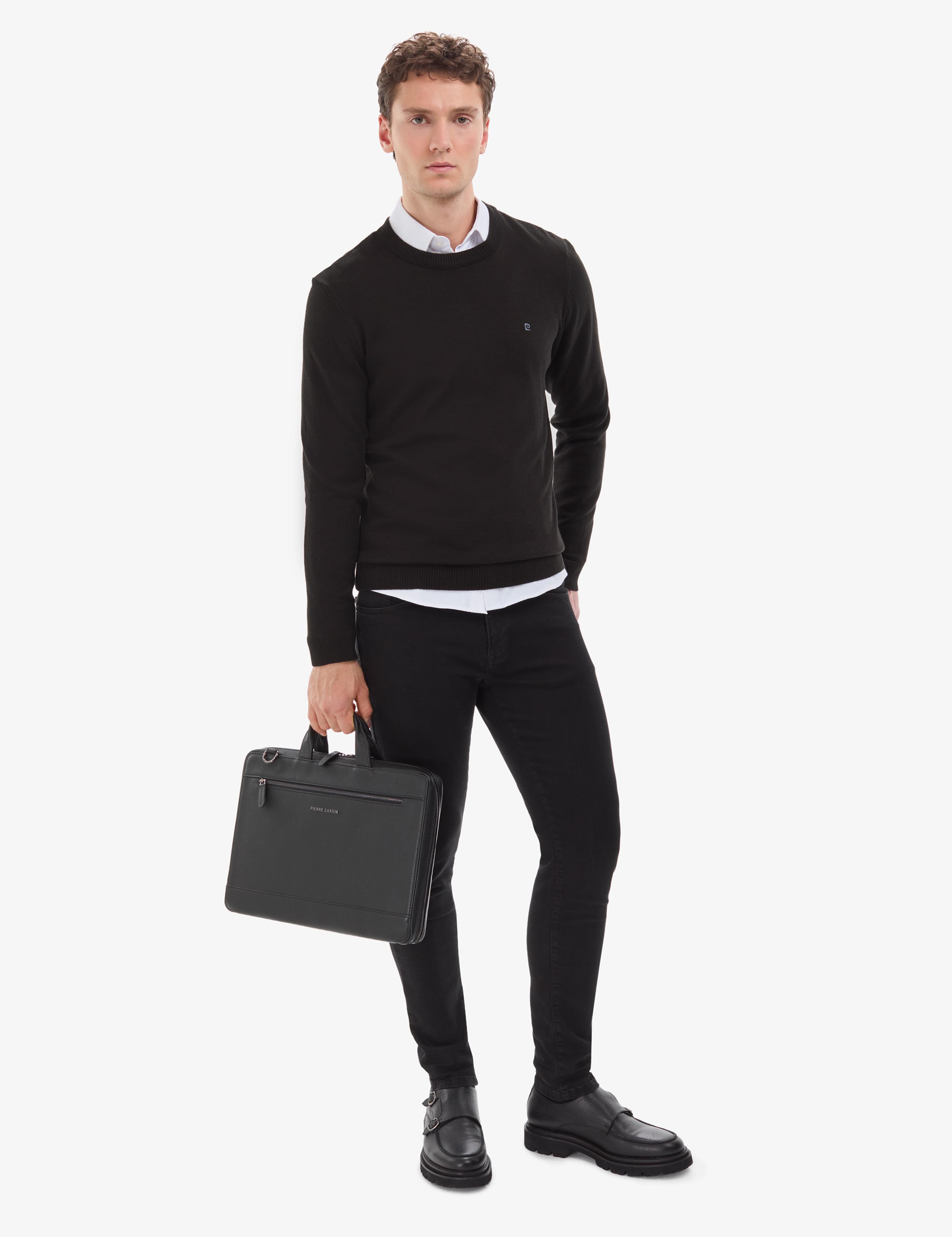 Siyah Slim Fit Bisiklet Yaka Basic Triko Kazak