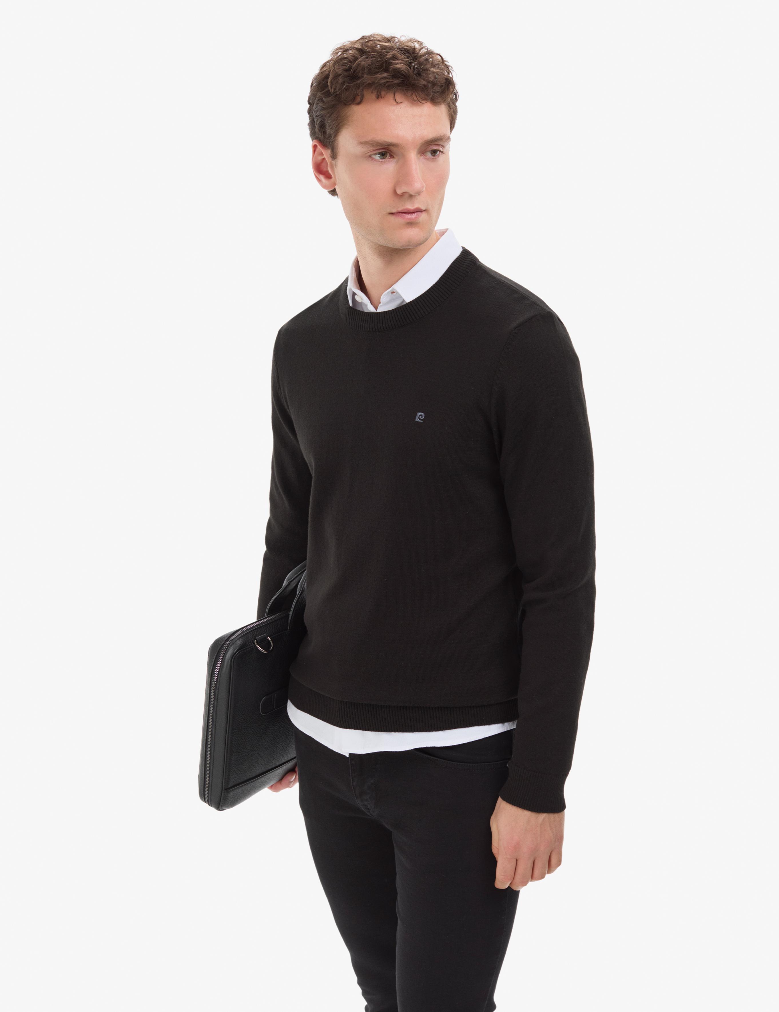 Siyah Slim Fit Bisiklet Yaka Basic Triko Kazak