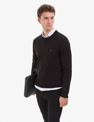 Siyah Slim Fit Bisiklet Yaka Basic Triko Kazak
