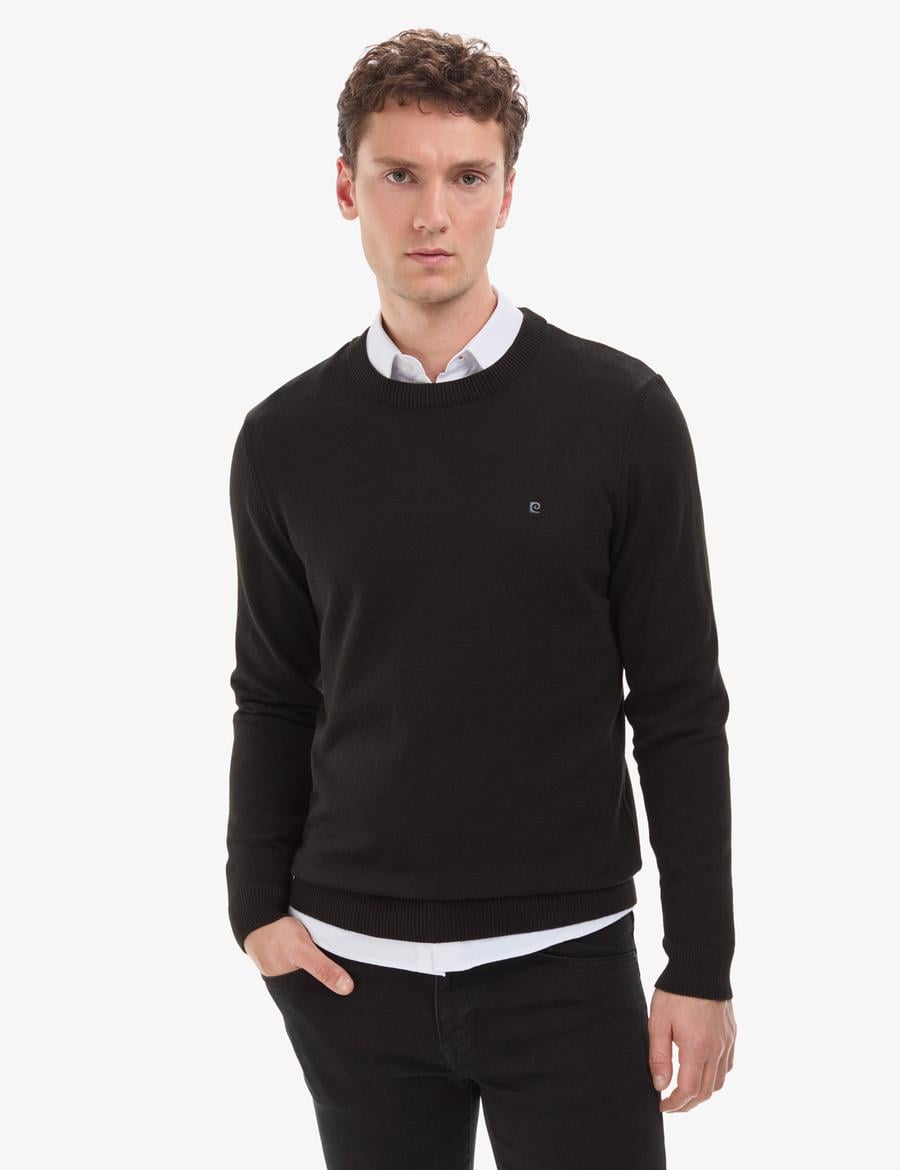 Siyah Slim Fit Bisiklet Yaka Basic Triko Kazak