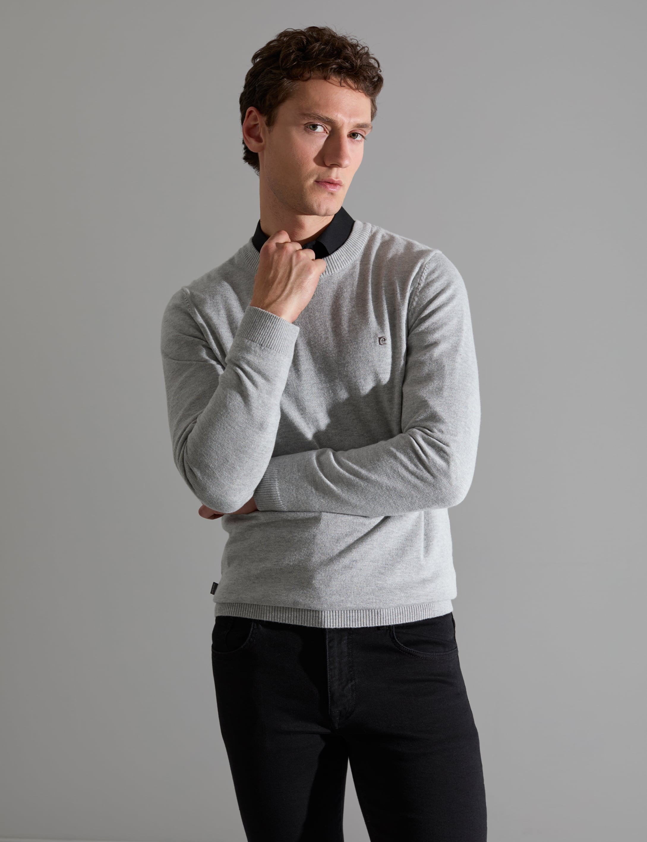 Açık Gri Melanj Slim Fit Bisiklet Yaka Basic Triko Kazak
