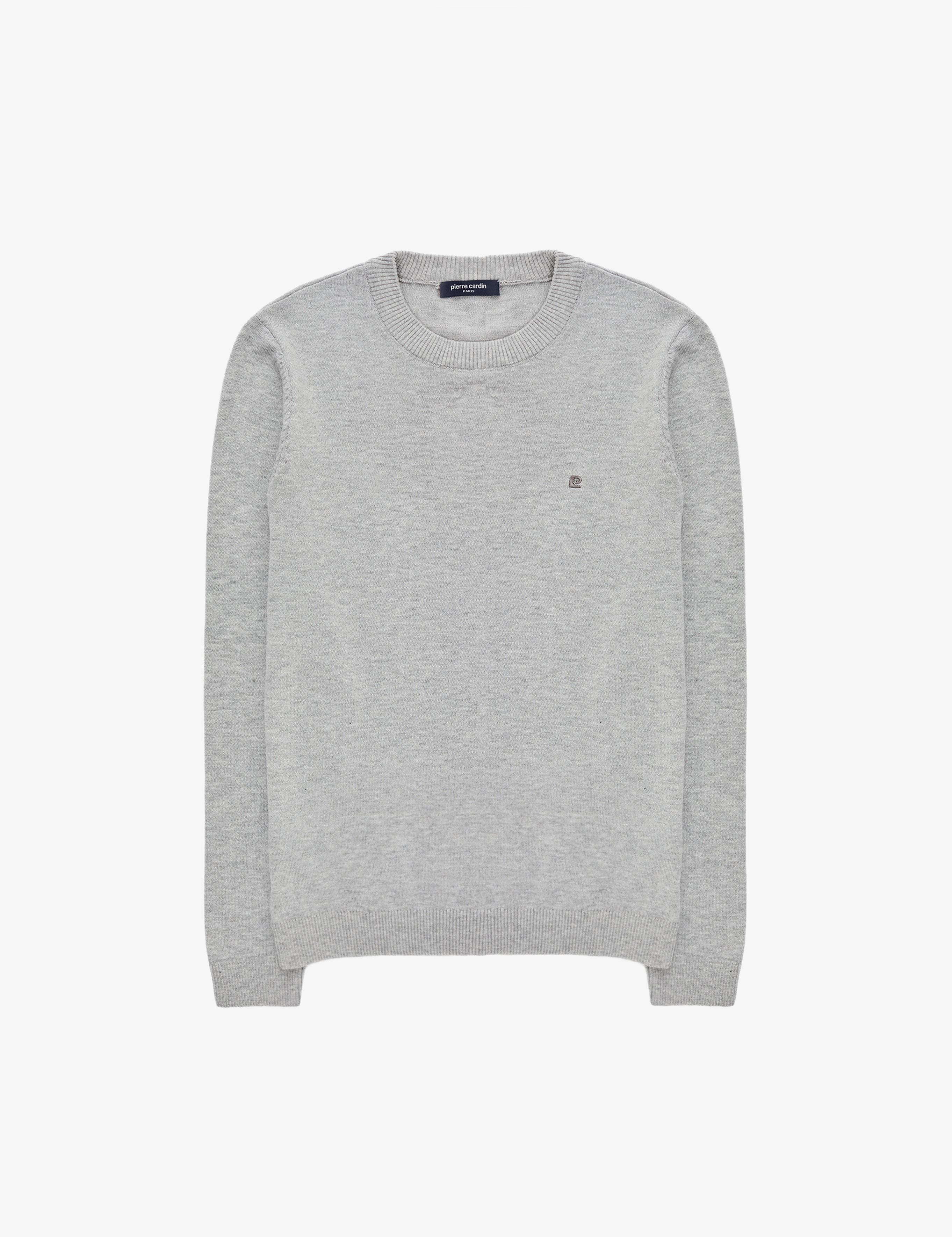 Açık Gri Melanj Slim Fit Bisiklet Yaka Basic Triko Kazak