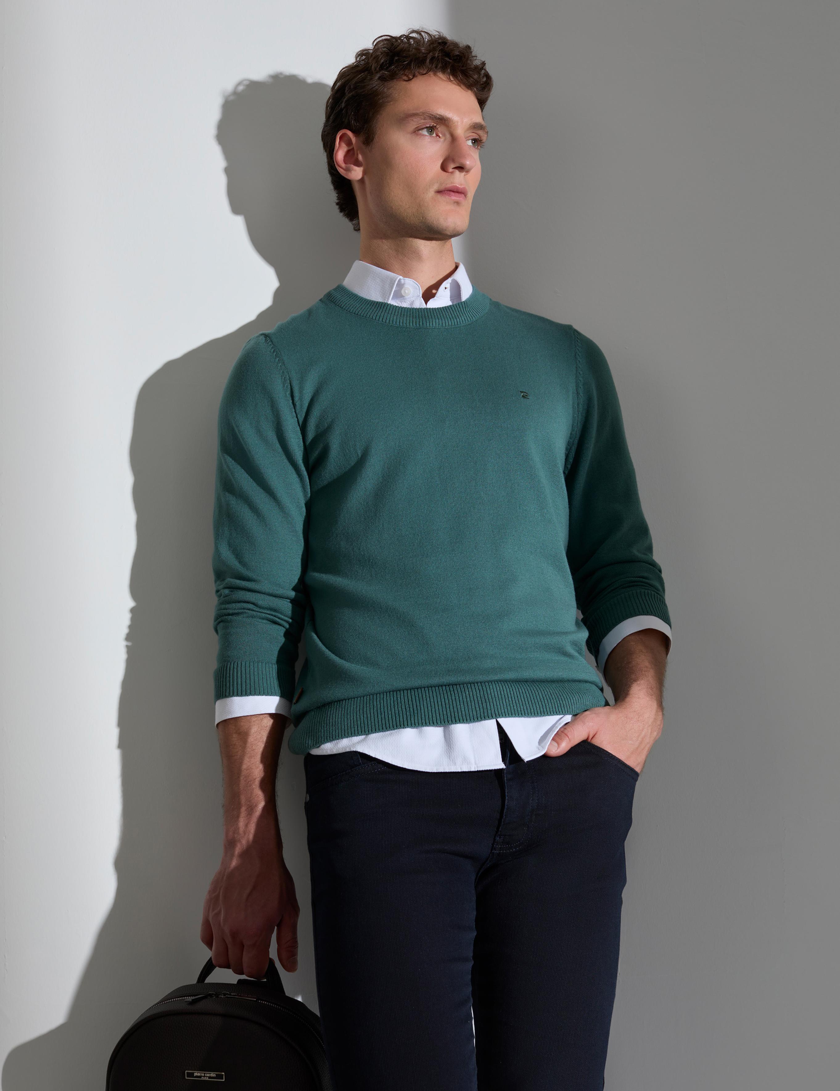 Yeşil Slim Fit Bisiklet Yaka Basic Triko Kazak