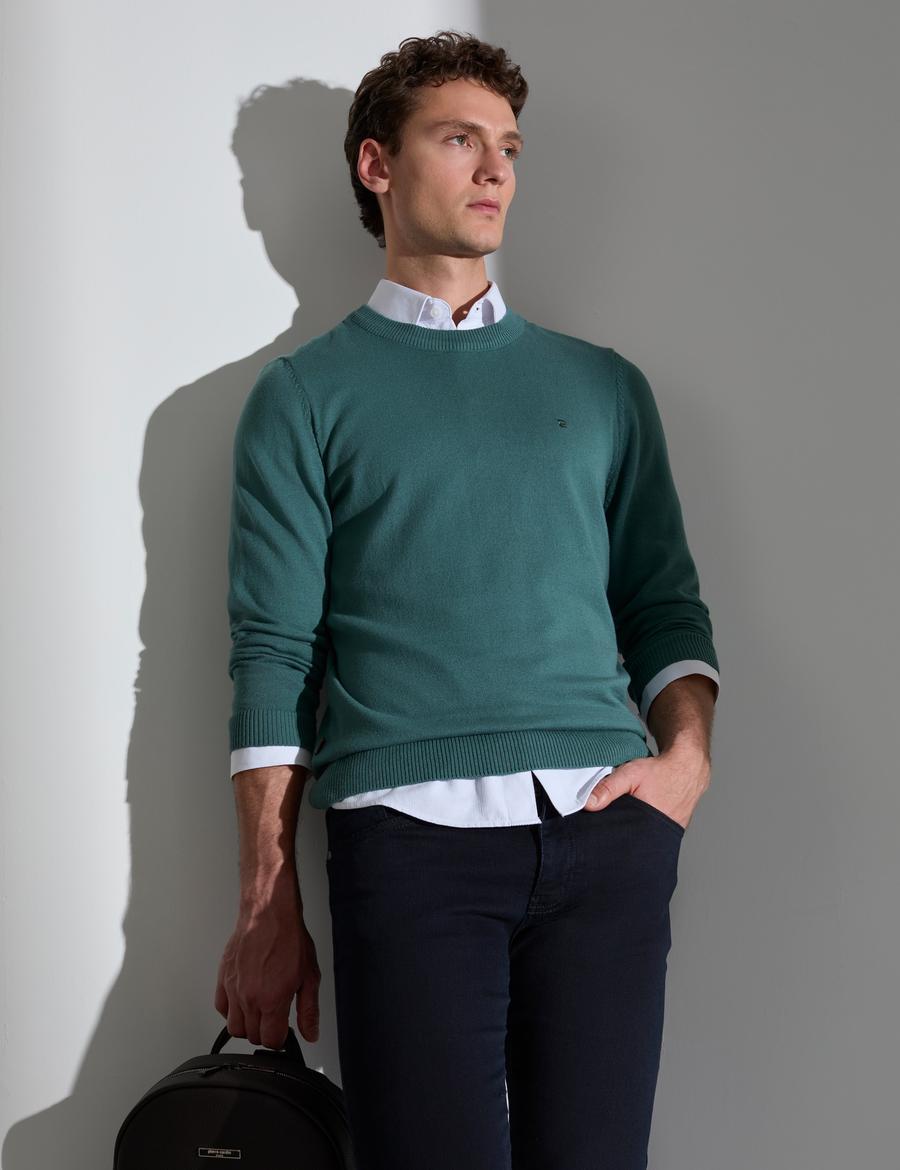 Yeşil Slim Fit Bisiklet Yaka Basic Triko Kazak