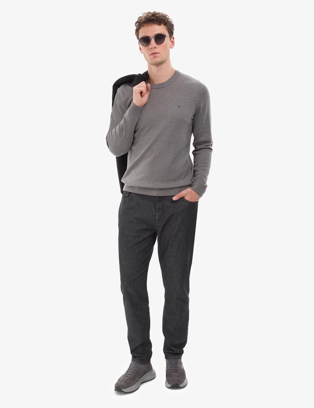 Gri Melanj Slim Fit Bisiklet Yaka Basic Triko Kazak - 50314192175