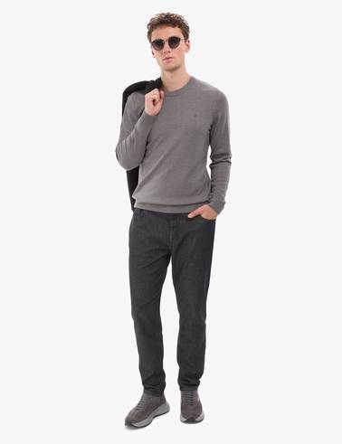 Gri Melanj Slim Fit Bisiklet Yaka Basic Triko Kazak