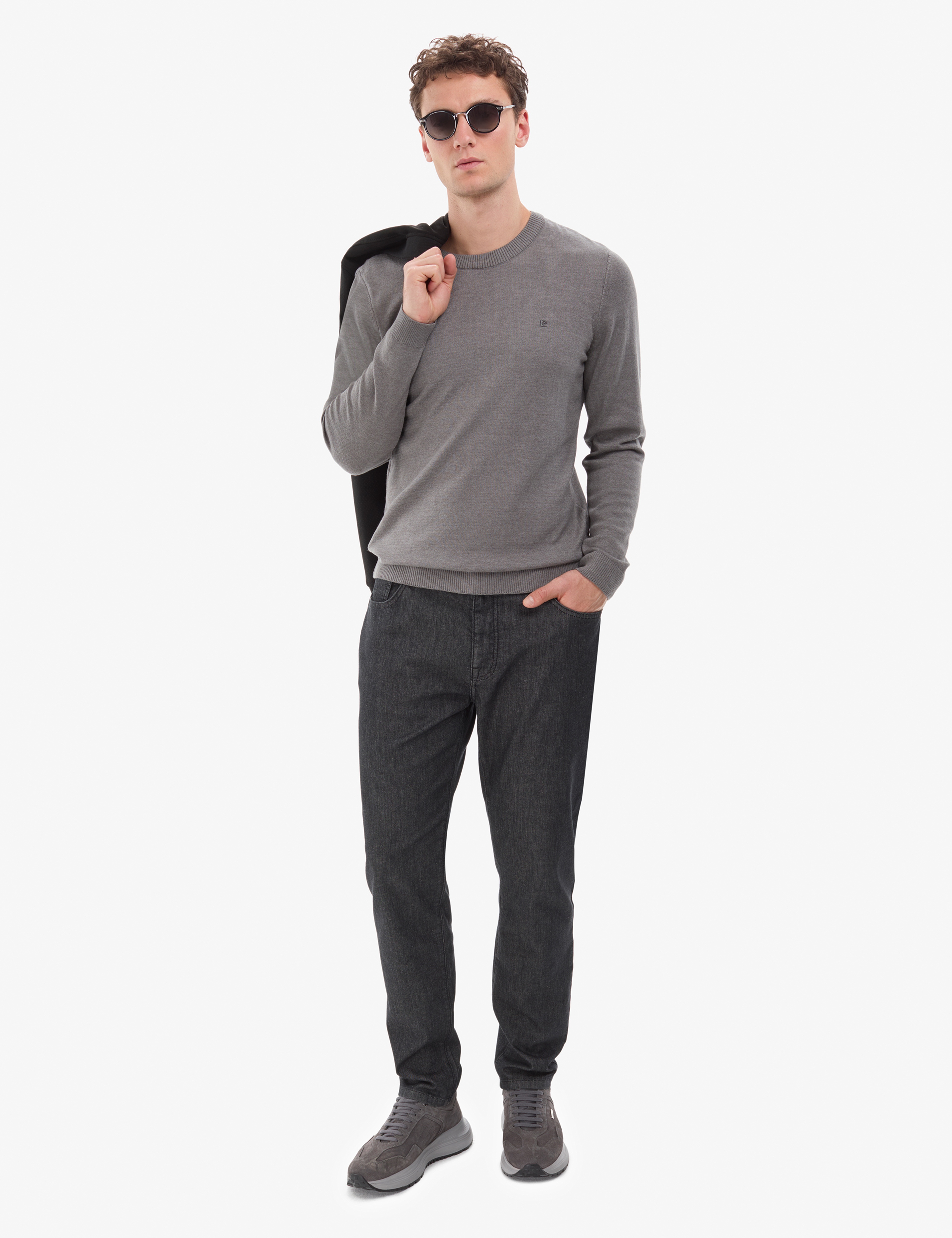 Gri Melanj Slim Fit Bisiklet Yaka Basic Triko Kazak