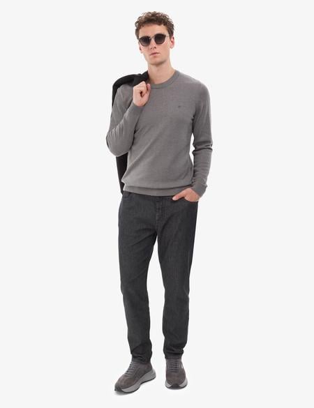 Gri Melanj Slim Fit Bisiklet Yaka Basic Triko Kazak - 50314192175