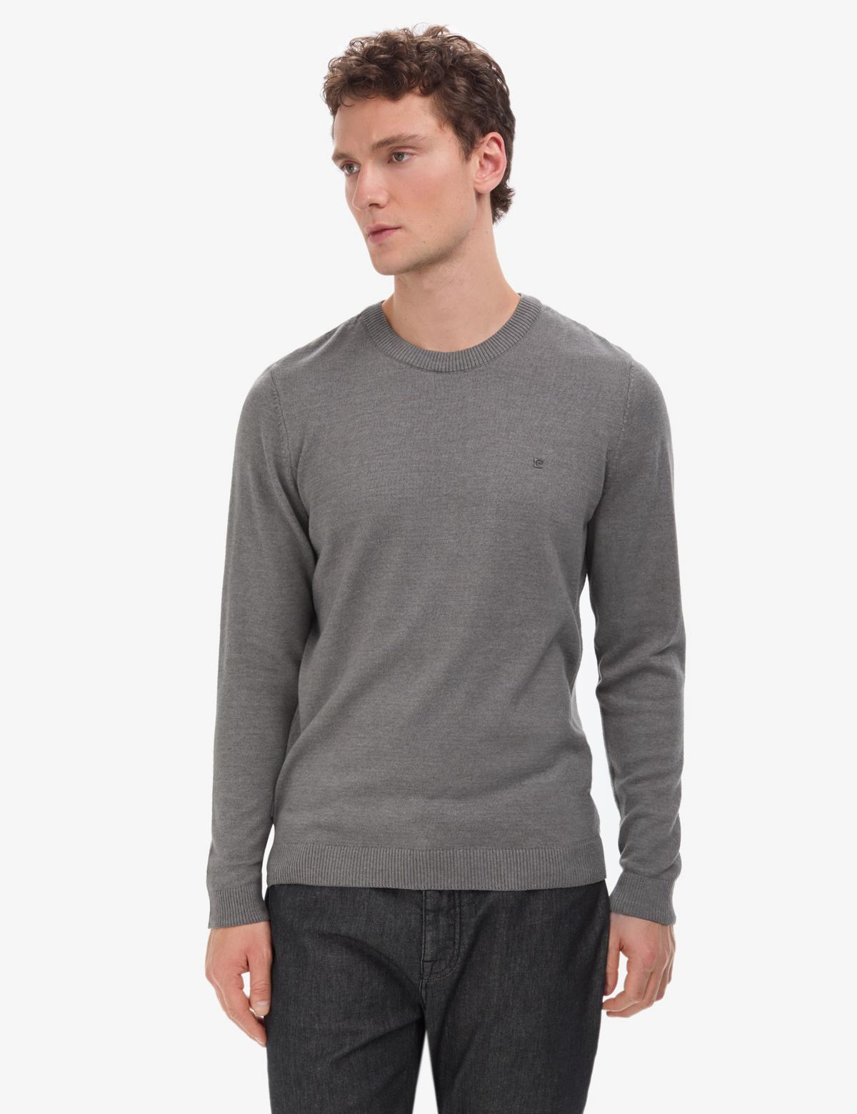 Gri Melanj Slim Fit Bisiklet Yaka Basic Triko Kazak - 50314192175