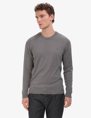 Gri Melanj Slim Fit Bisiklet Yaka Basic Triko Kazak