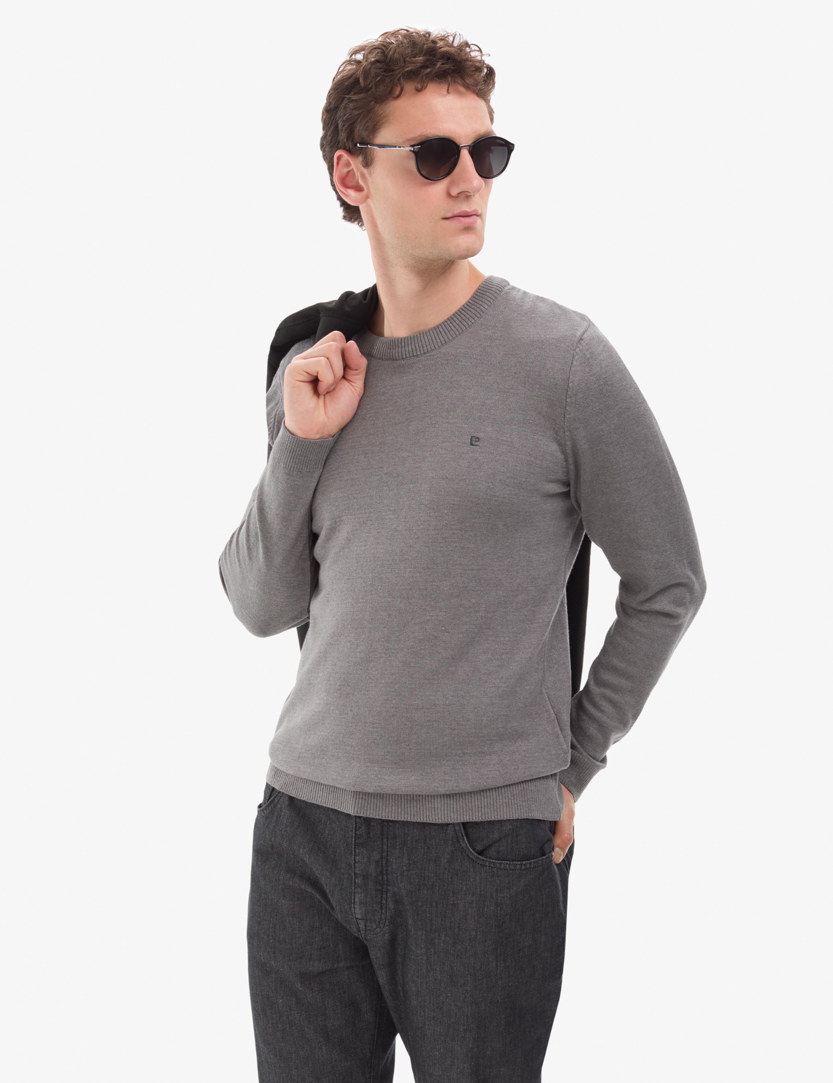 Gri Melanj Slim Fit Bisiklet Yaka Basic Triko Kazak