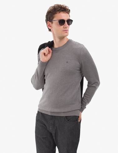 Gri Melanj Slim Fit Bisiklet Yaka Basic Triko Kazak