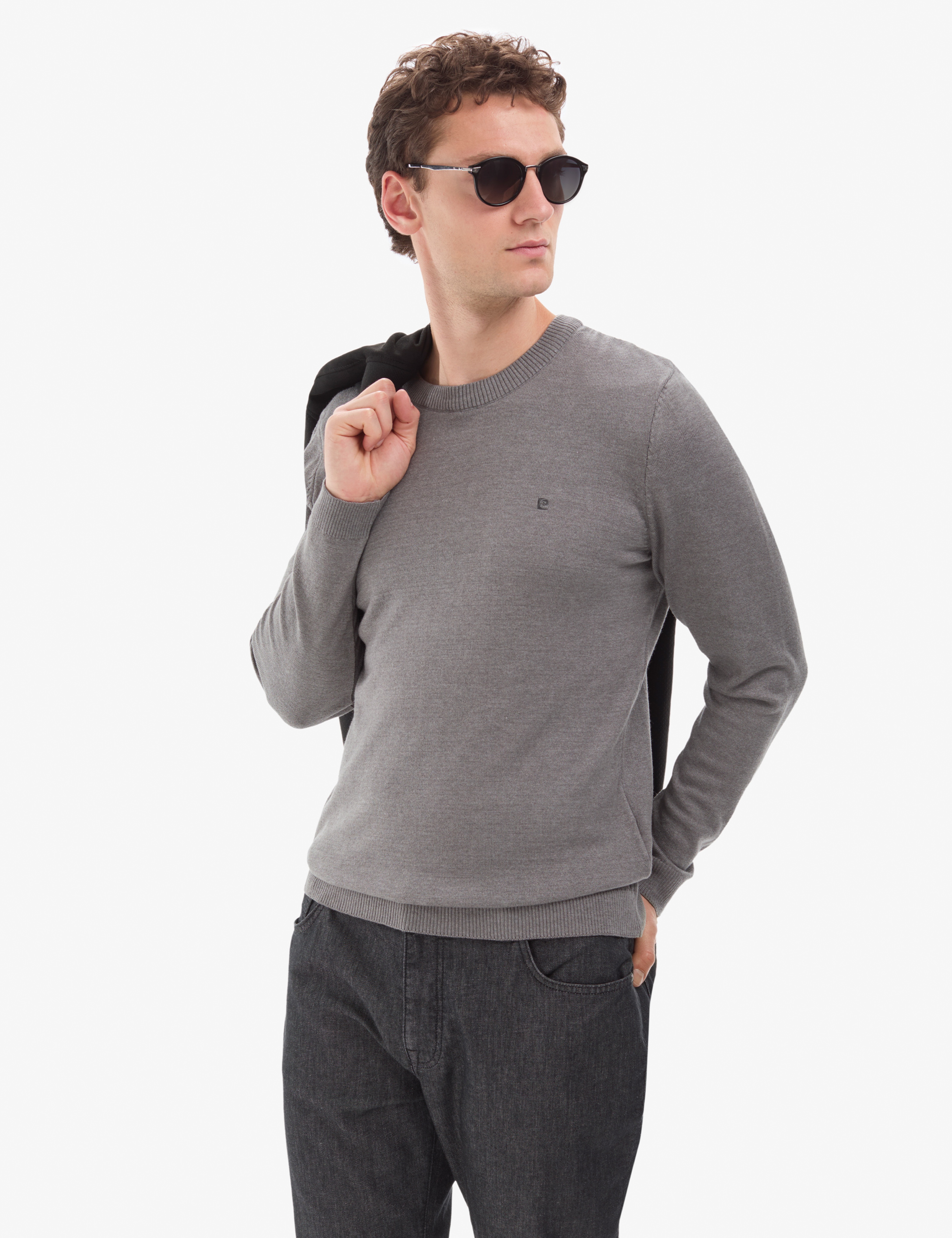 Gri Melanj Slim Fit Bisiklet Yaka Basic Triko Kazak
