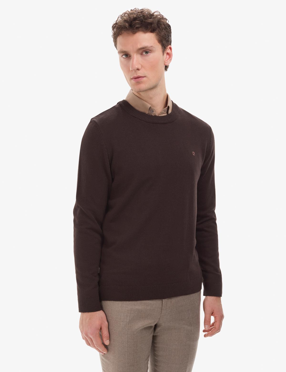 Koyu Kahverengi Slim Fit Bisiklet Yaka Basic Triko Kazak - 50314192165