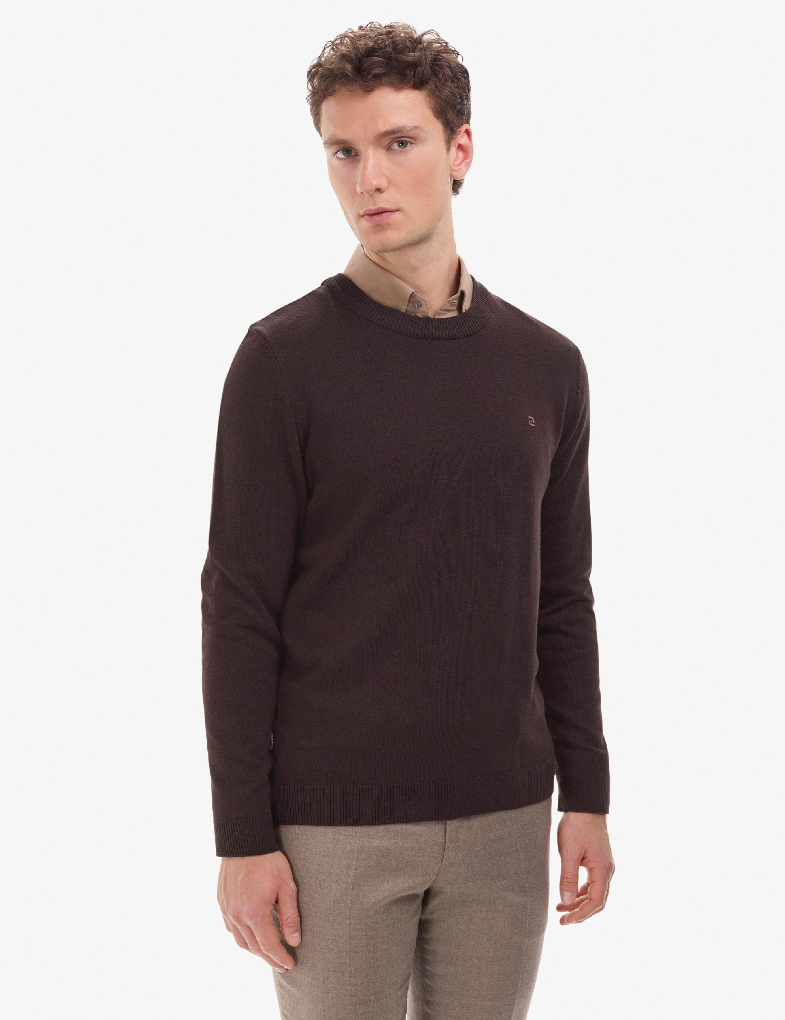 Koyu Kahverengi Slim Fit Bisiklet Yaka Basic Triko Kazak