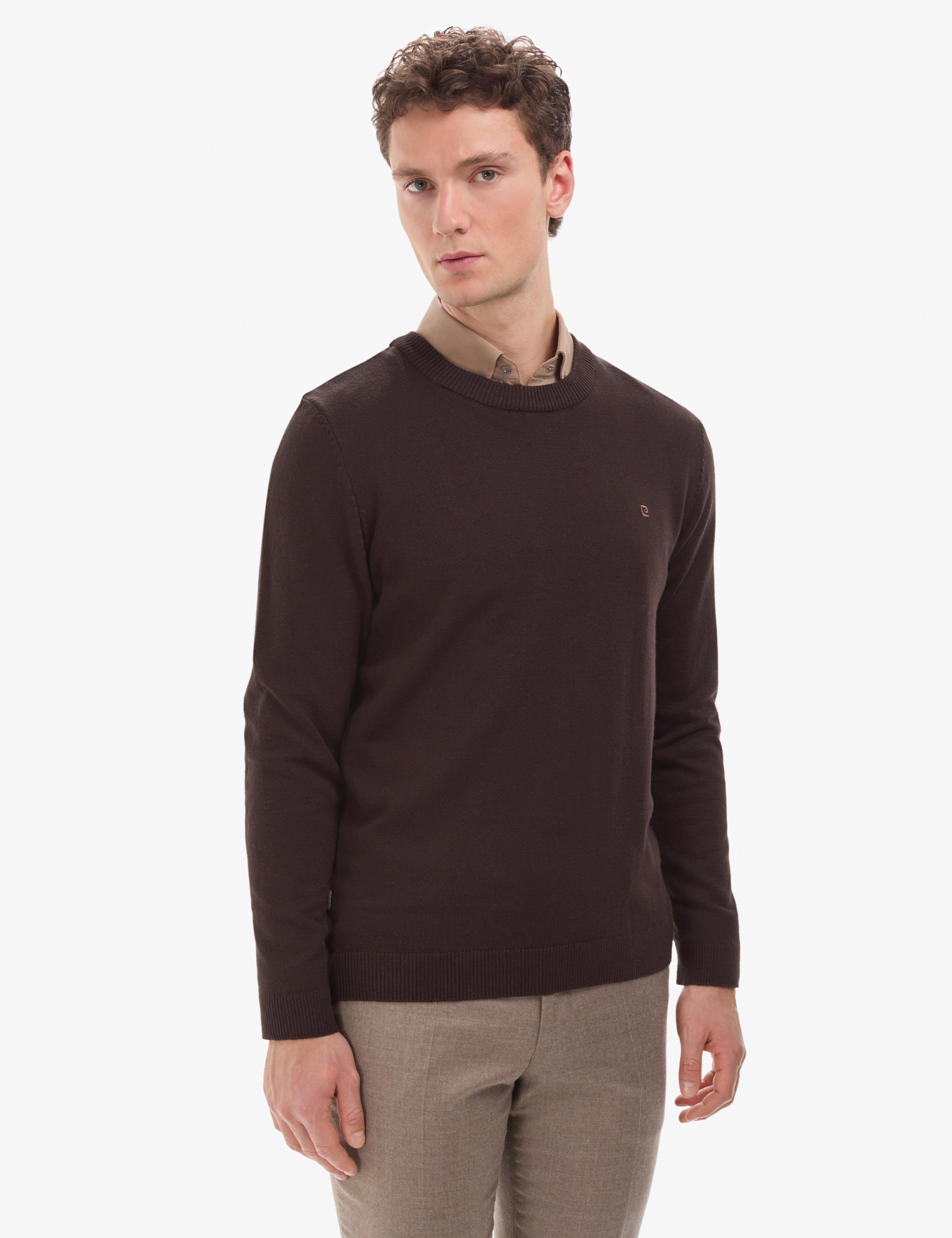 Koyu Kahverengi Slim Fit Bisiklet Yaka Basic Triko Kazak