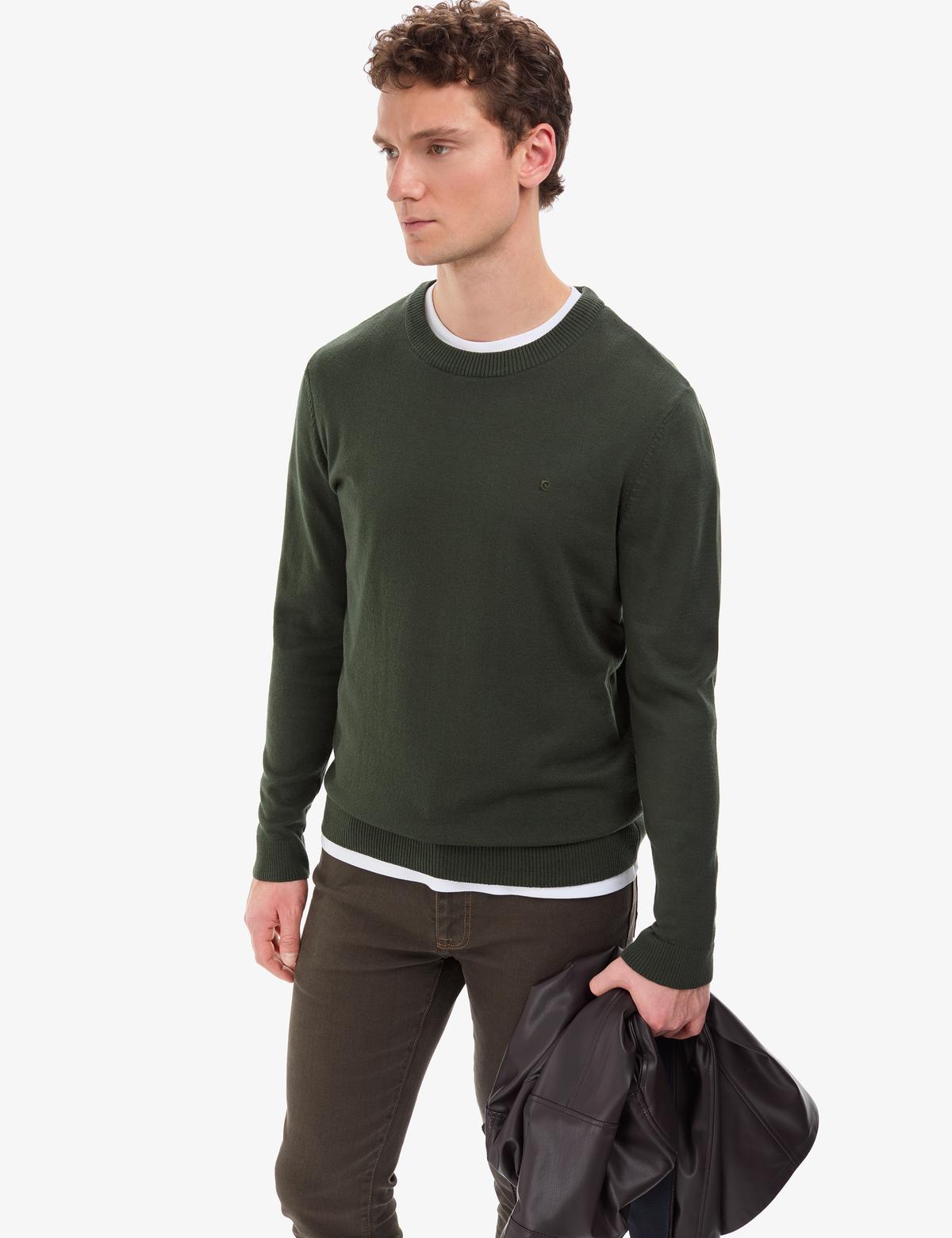 Koyu Haki Slim Fit Bisiklet Yaka Basic Triko Kazak - 50314192155