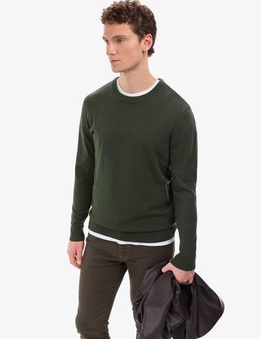 Koyu Haki Slim Fit Bisiklet Yaka Basic Triko Kazak