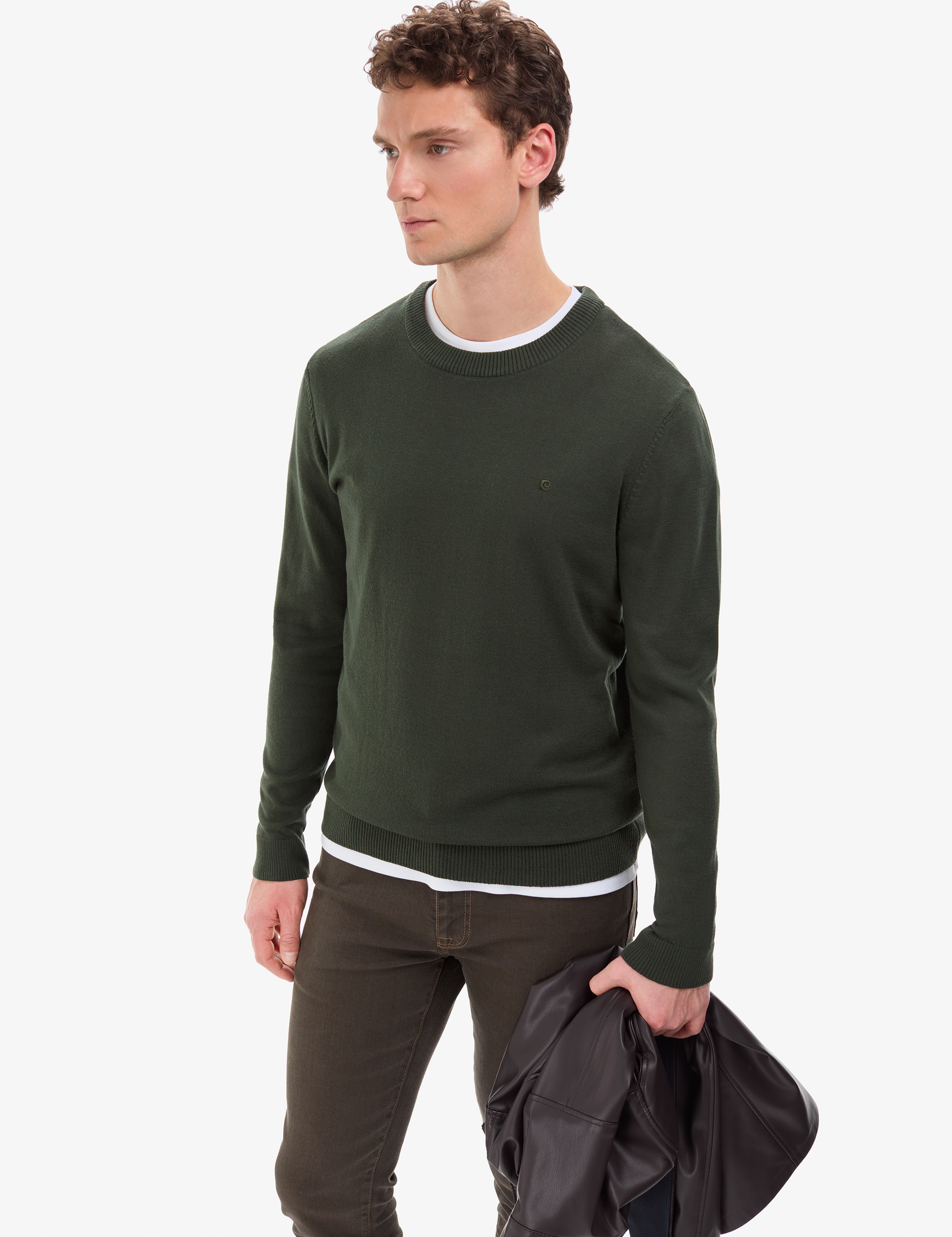 Koyu Haki Slim Fit Bisiklet Yaka Basic Triko Kazak - Image 4