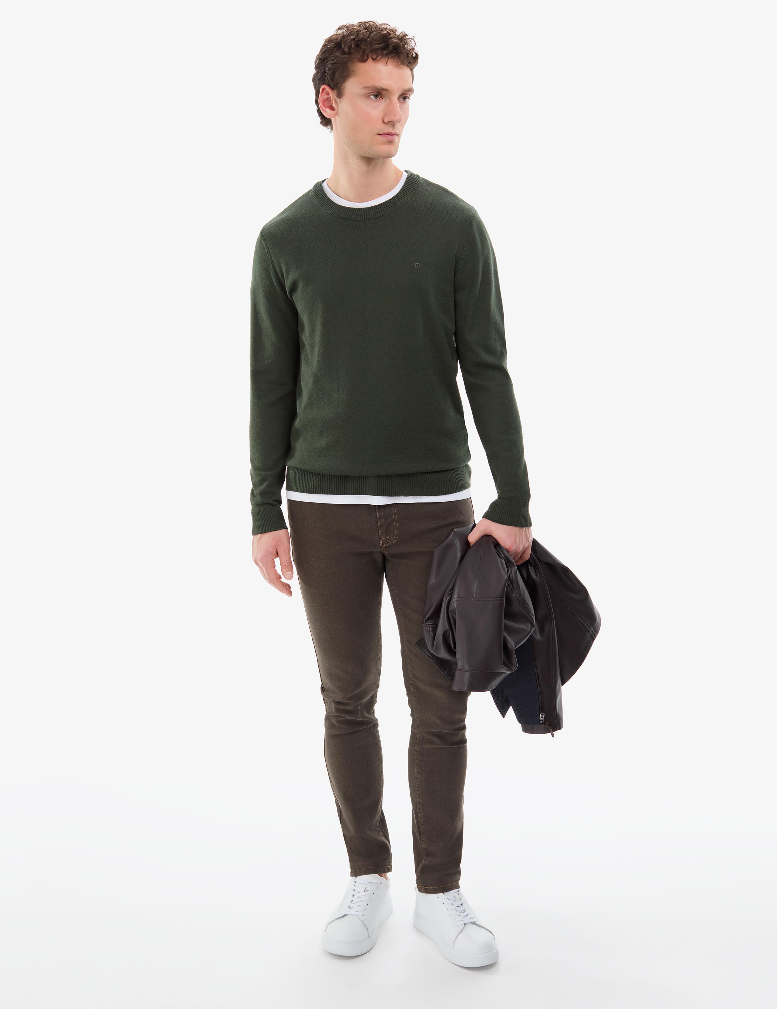 Koyu Haki Slim Fit Bisiklet Yaka Basic Triko Kazak