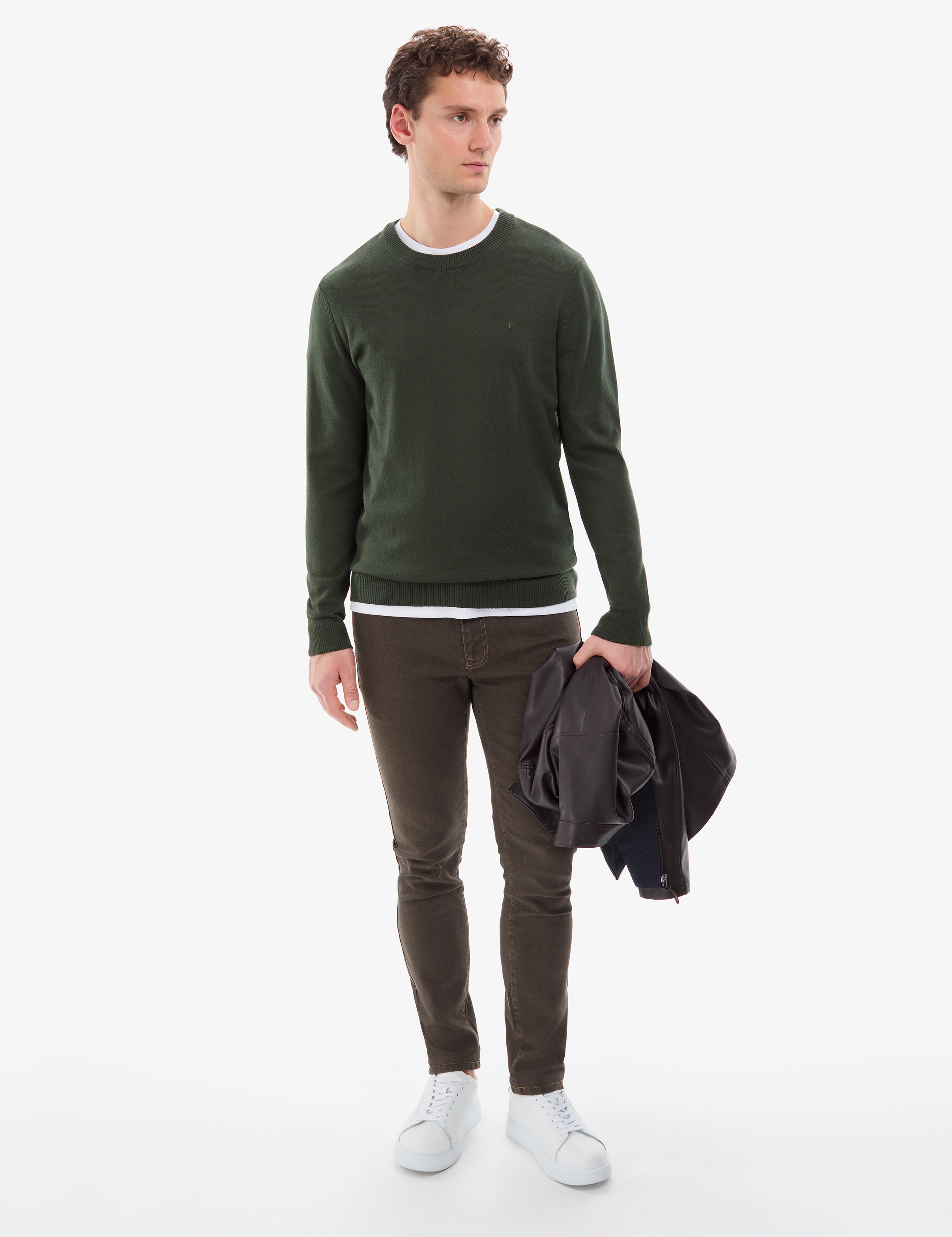 Koyu Haki Slim Fit Bisiklet Yaka Basic Triko Kazak - Image 5