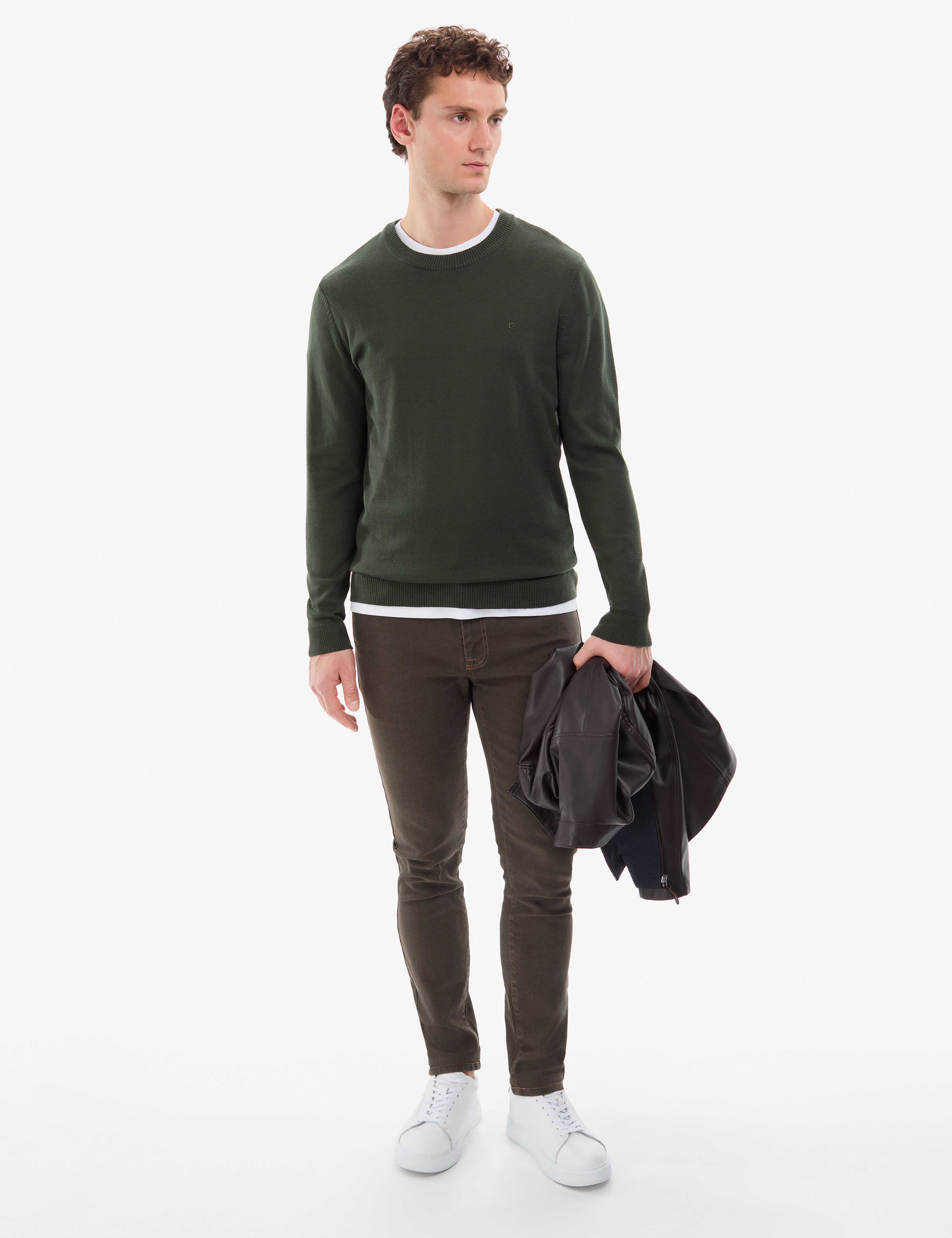 Koyu Haki Slim Fit Bisiklet Yaka Basic Triko Kazak