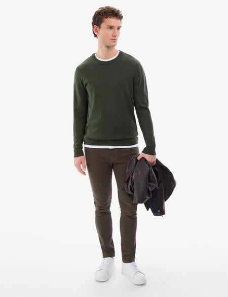 Koyu Haki Slim Fit Bisiklet Yaka Basic Triko Kazak - 50314192155