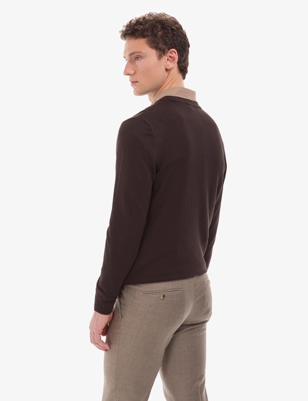 Koyu Kahverengi Slim Fit Bisiklet Yaka Basic Triko Kazak - 50314192165