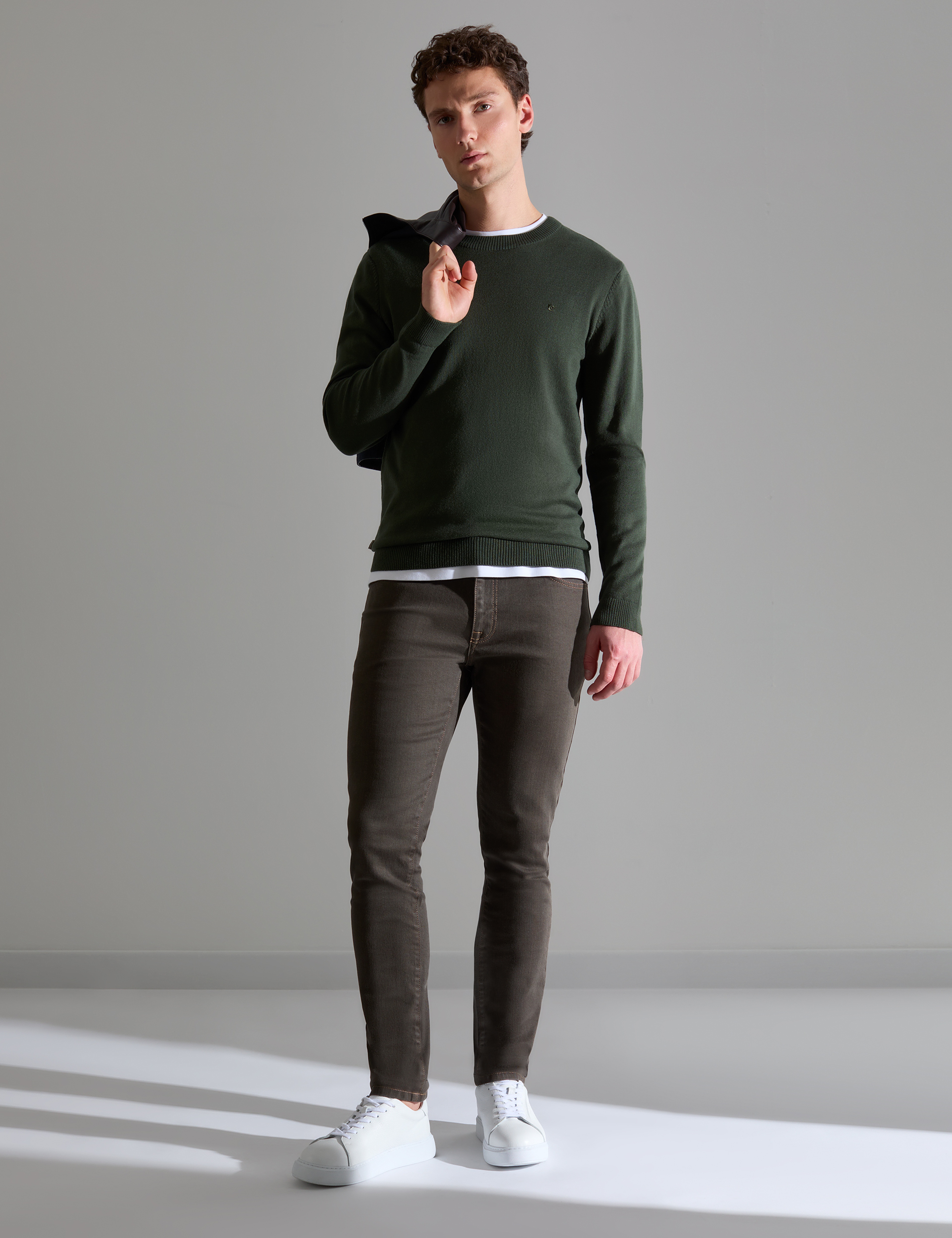 Koyu Haki Slim Fit Bisiklet Yaka Basic Triko Kazak - Image 1