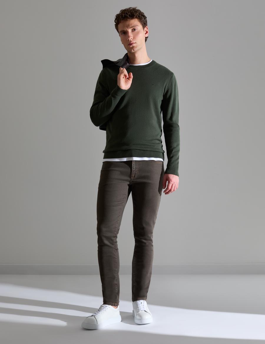 Koyu Haki Slim Fit Bisiklet Yaka Basic Triko Kazak