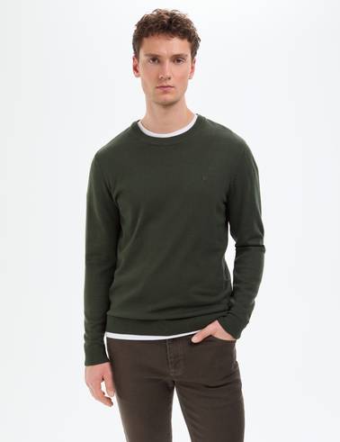 Koyu Haki Slim Fit Bisiklet Yaka Basic Triko Kazak