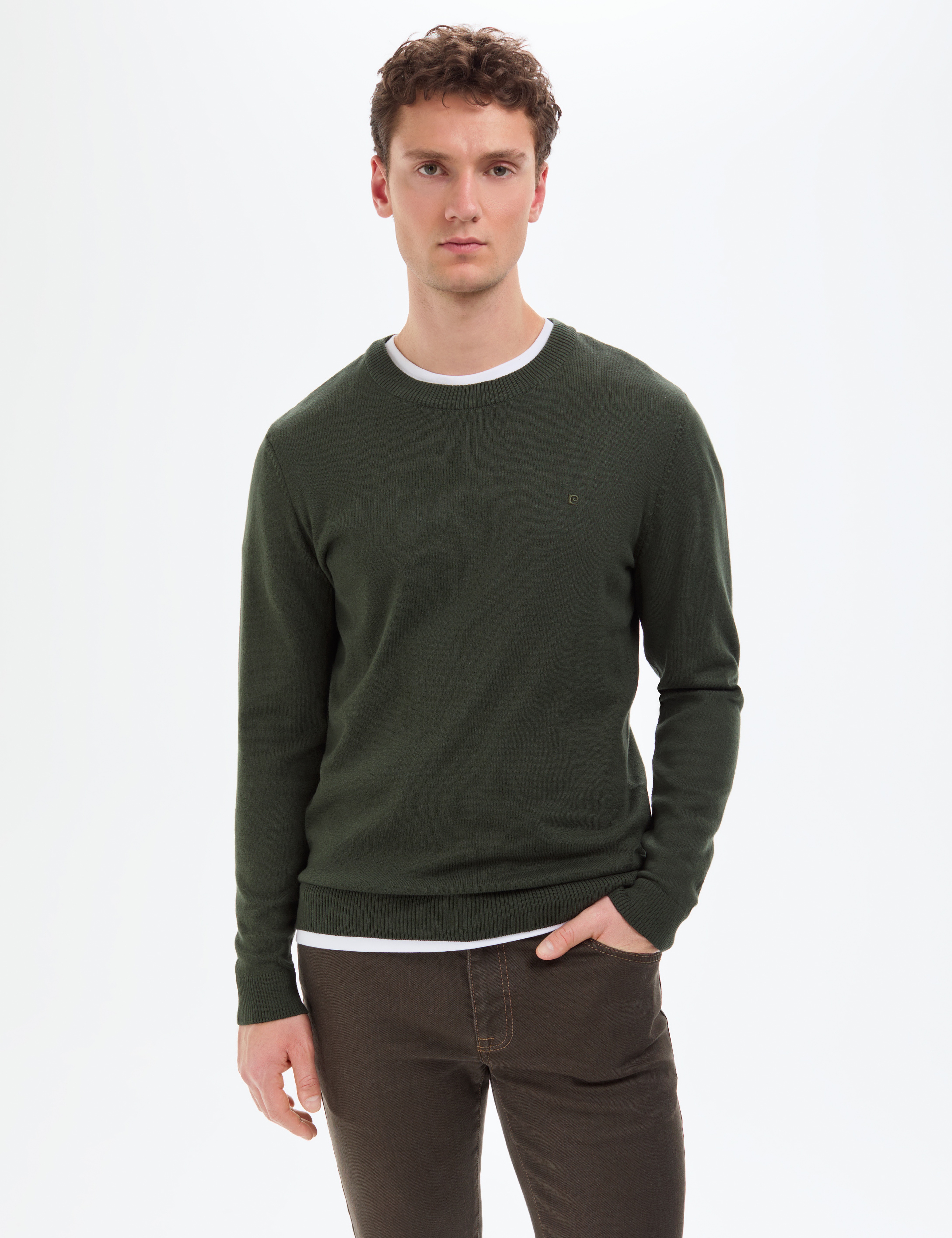 Koyu Haki Slim Fit Bisiklet Yaka Basic Triko Kazak - Image 2