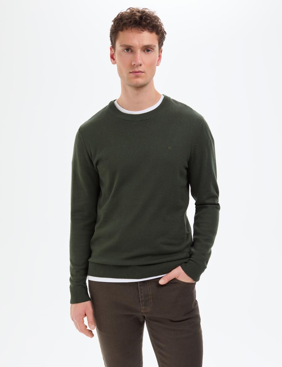 Koyu Haki Slim Fit Bisiklet Yaka Basic Triko Kazak