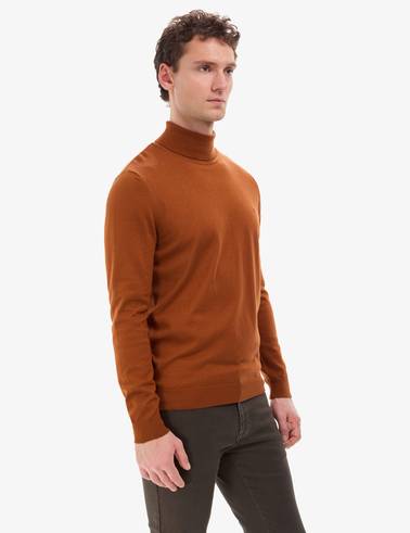 Kahverengi Slim Fit Balıkçı Yaka Basic Triko Kazak