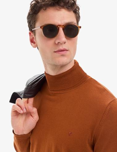 Kahverengi Slim Fit Balıkçı Yaka Basic Triko Kazak